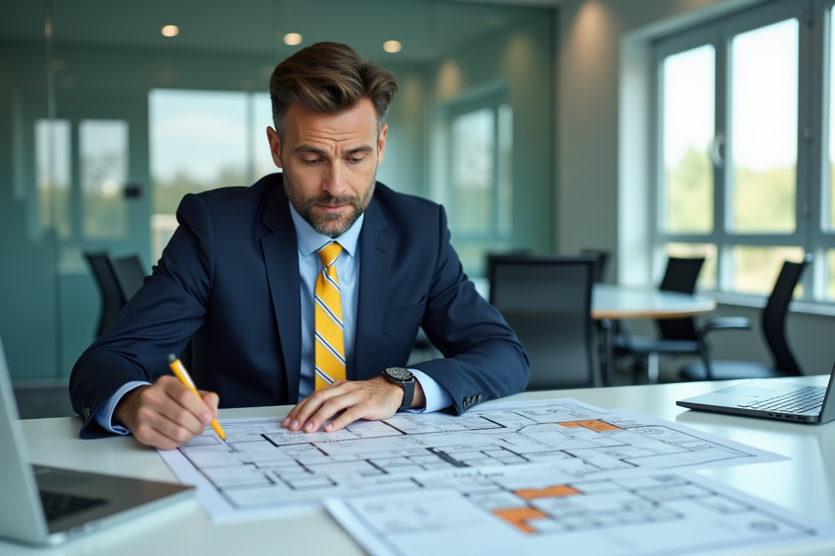 Homme en costume étudiant un plan Zone Jaune en réunion
