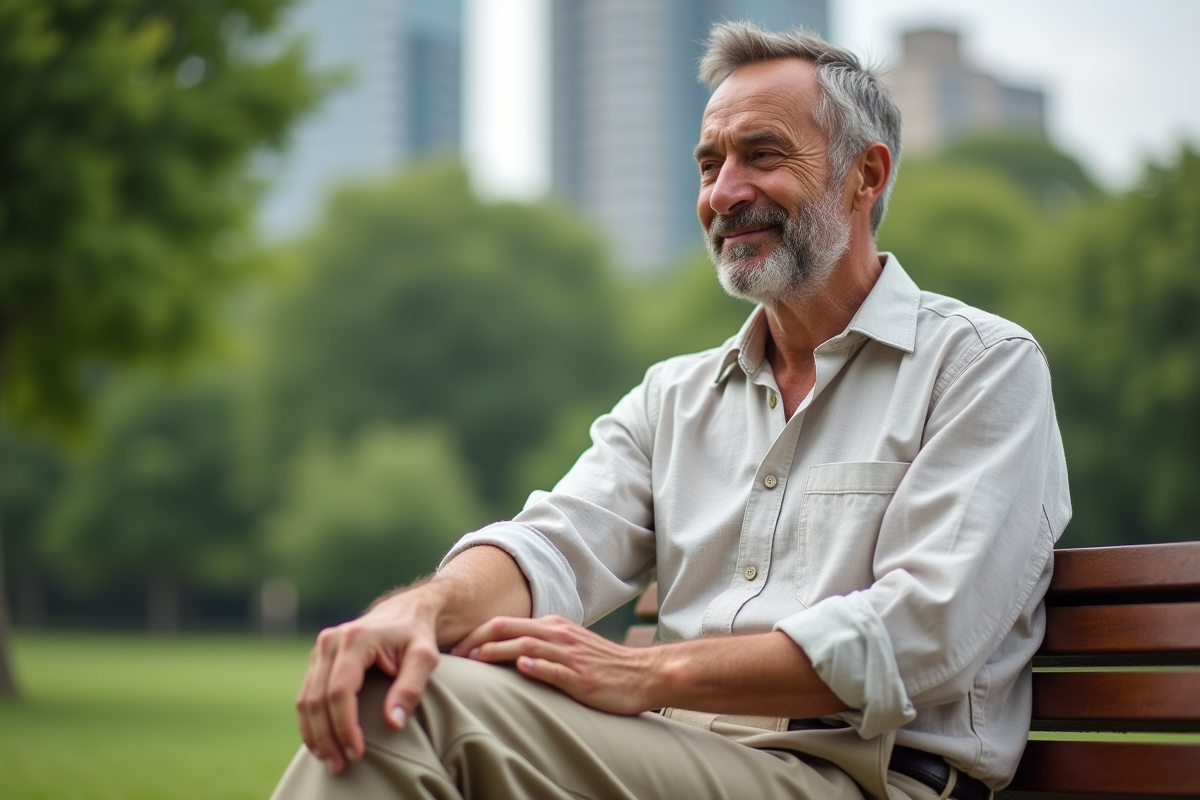 Homme détendu portant une chemise en lin dans un parc urbain