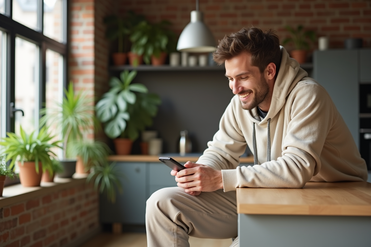 Homme détendu en hoodie beige dans un loft moderne lumineux