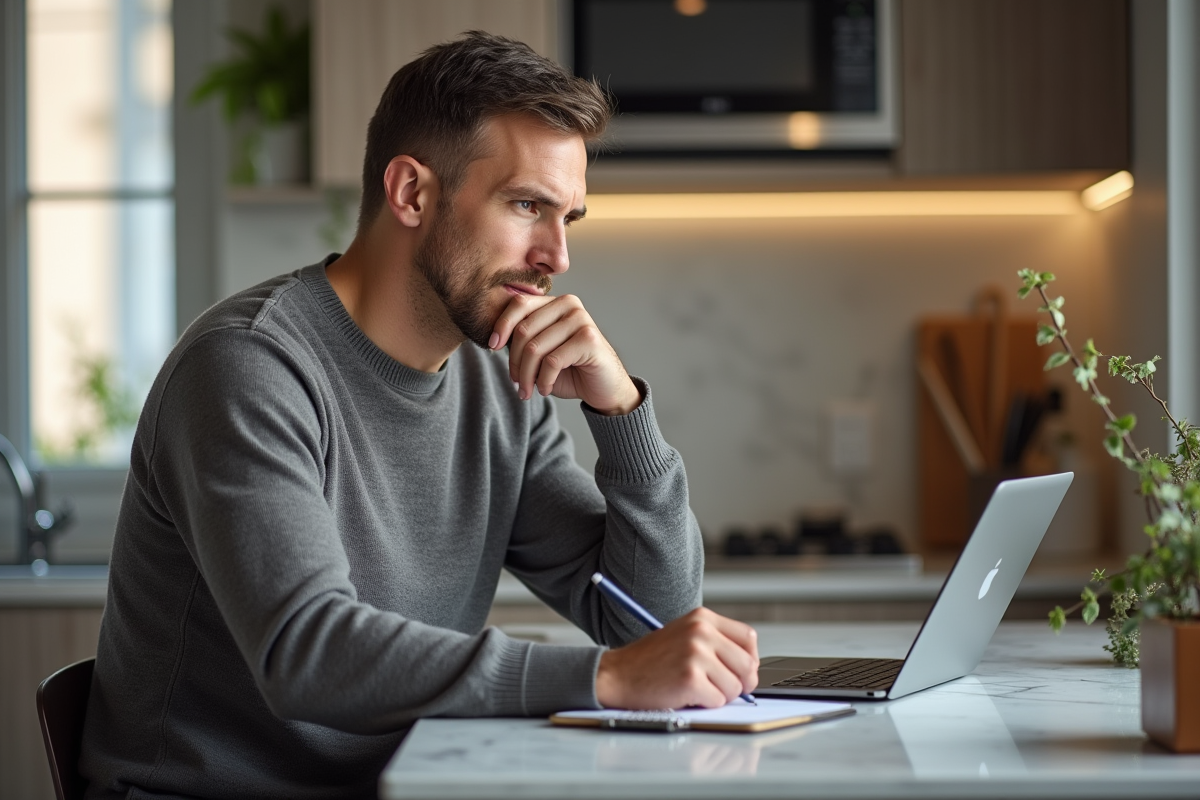 Homme planifiant ses tâches dans la cuisine moderne