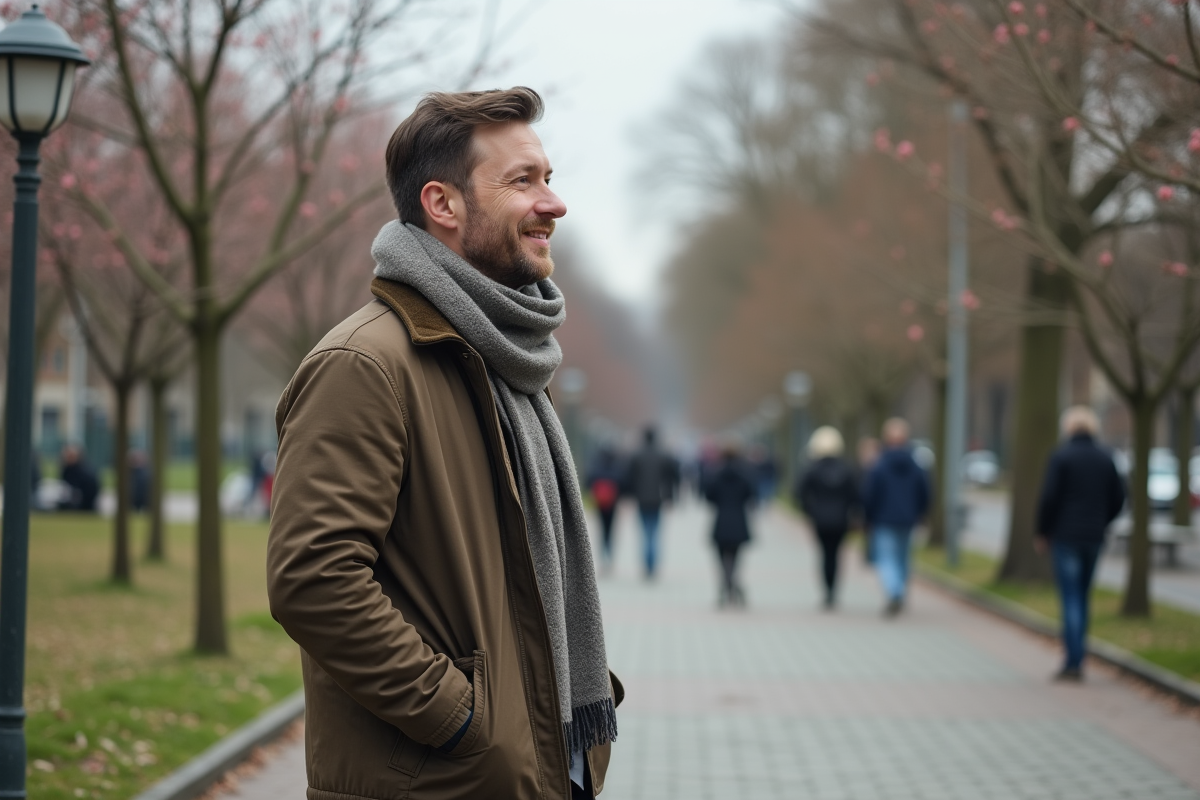 Homme dans un parc urbain au début du printemps