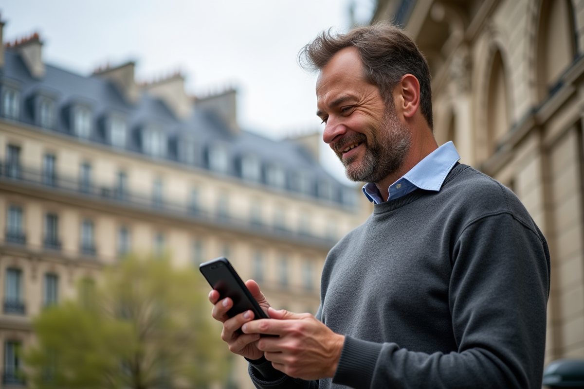 Homme regardant son smartphone avec la ville de Paris en arrière-plan