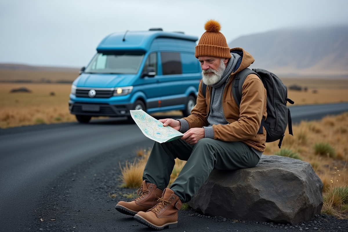 Homme vérifiant une carte et GPS dans un paysage islandais