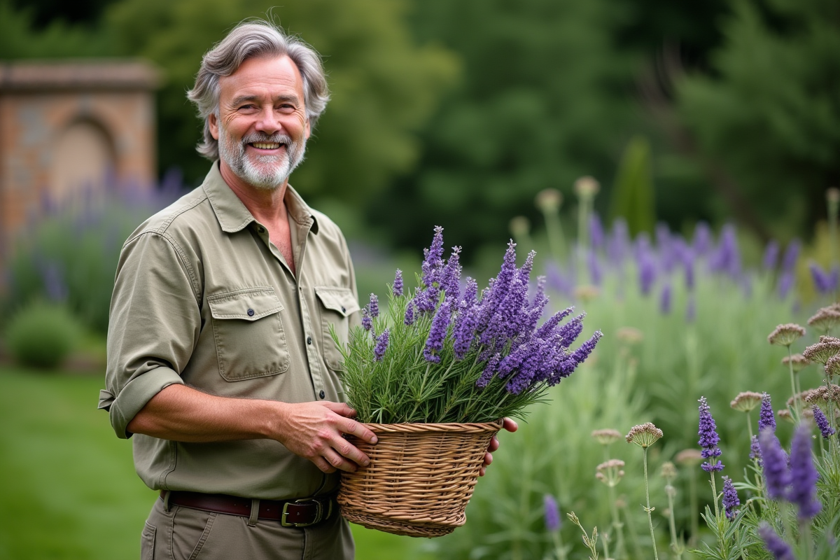 Homme récoltant de la lavande et du romarin dans un jardin verdoyant