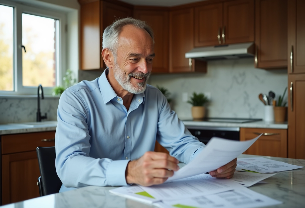 Homme vérifiant des documents dans la cuisine