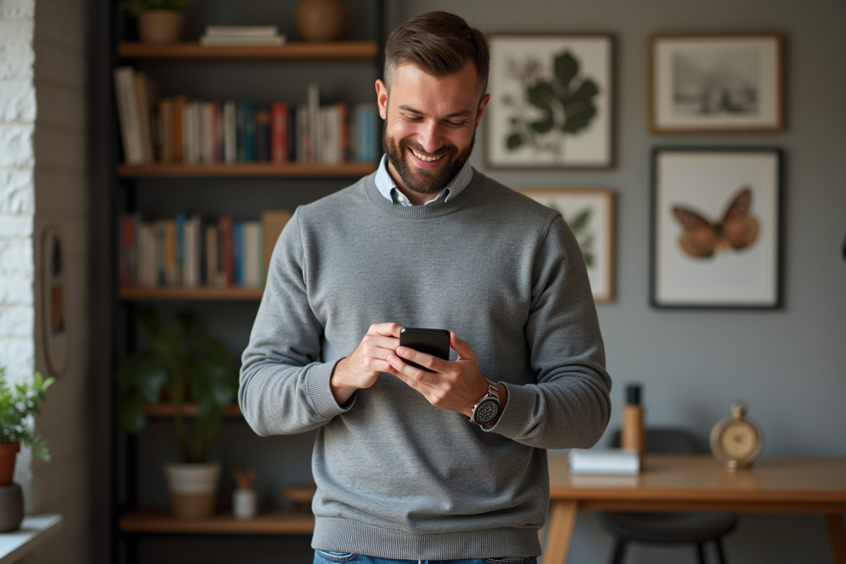 Homme souriant vérifiant son application bancaire à la maison