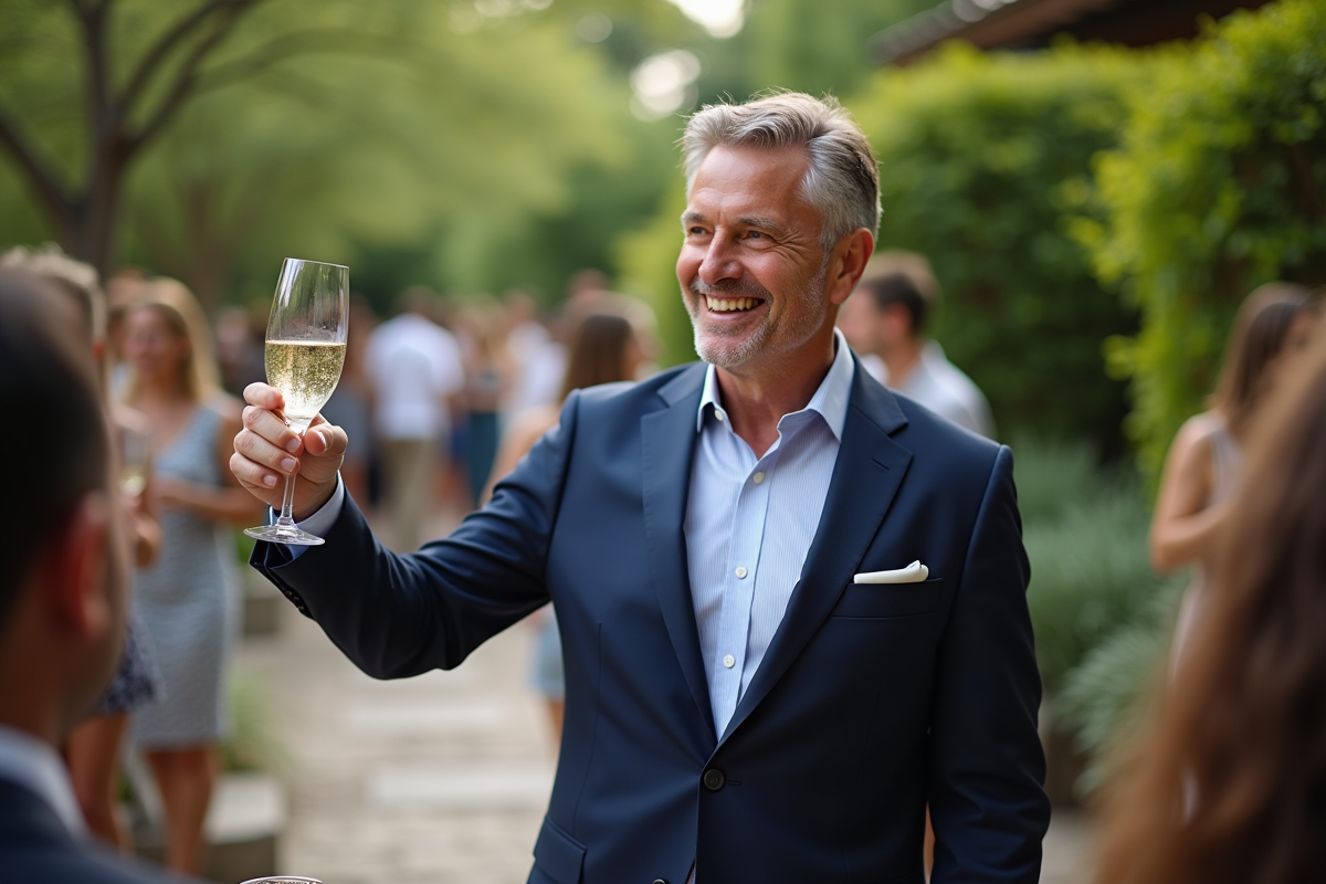 Homme en costume navy toastant lors d