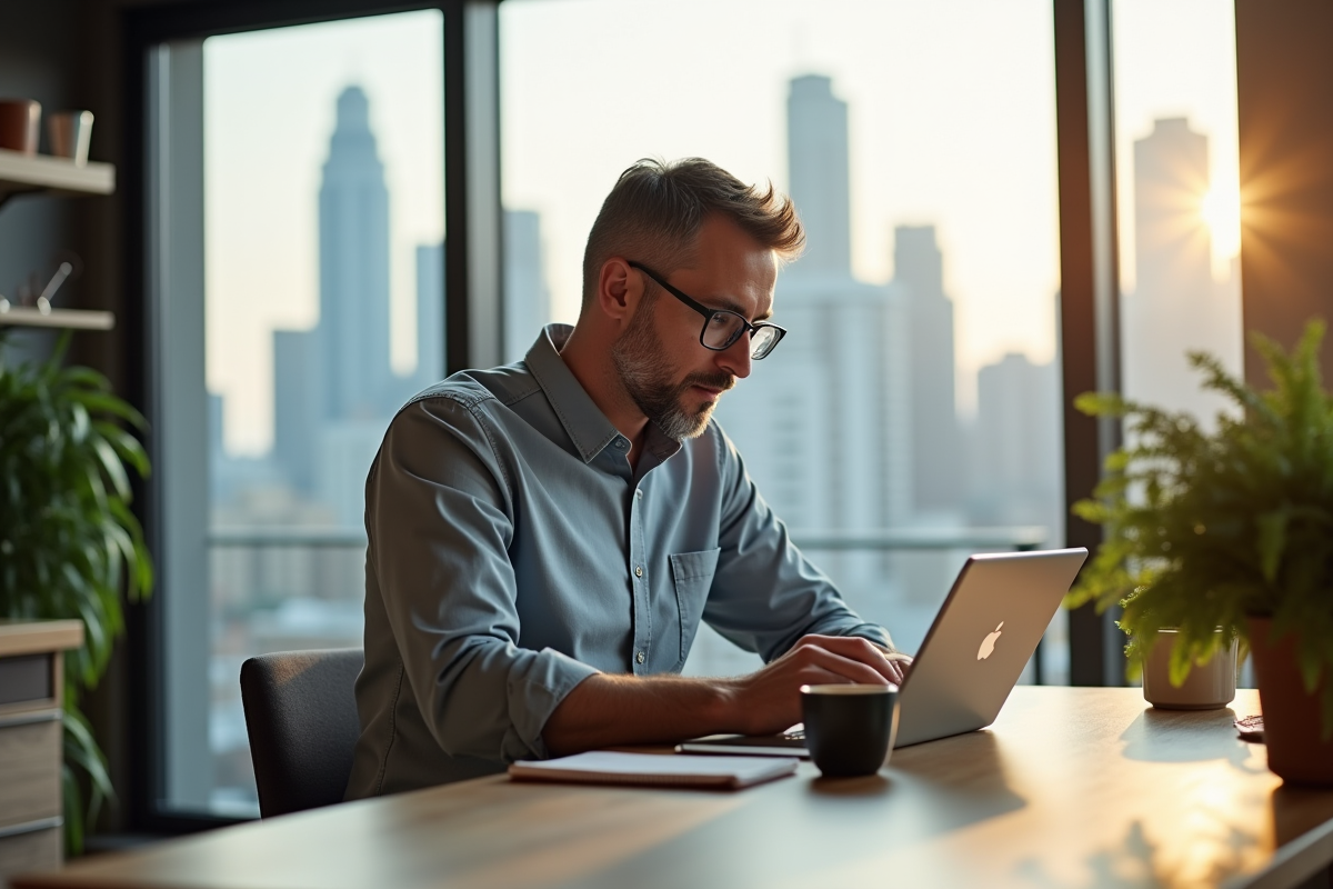 Homme travaillant sur une tablette dans une cuisine lumineuse