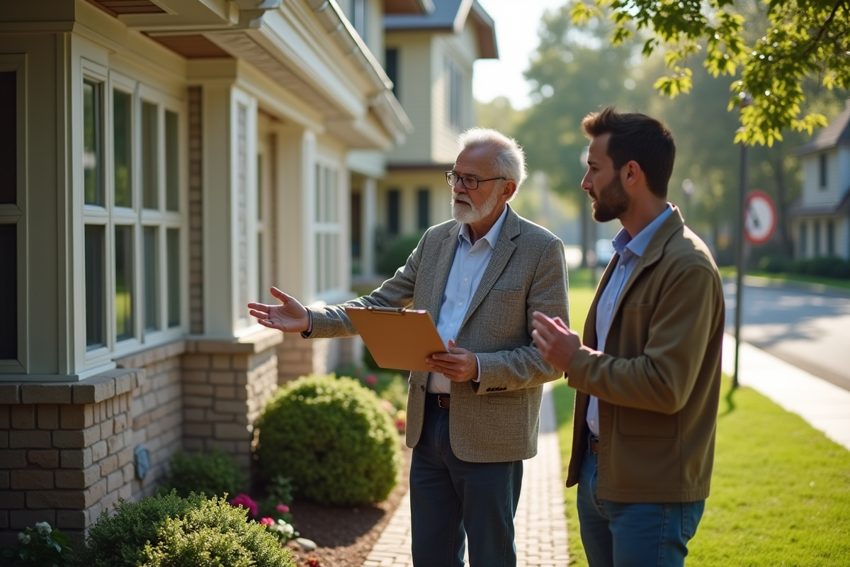 Deux hommes discutent devant une maison dans un jardin fleuri