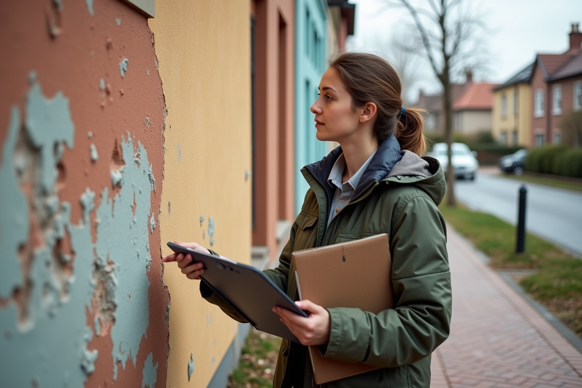 Inspecteur examinant une façade en stucco usée