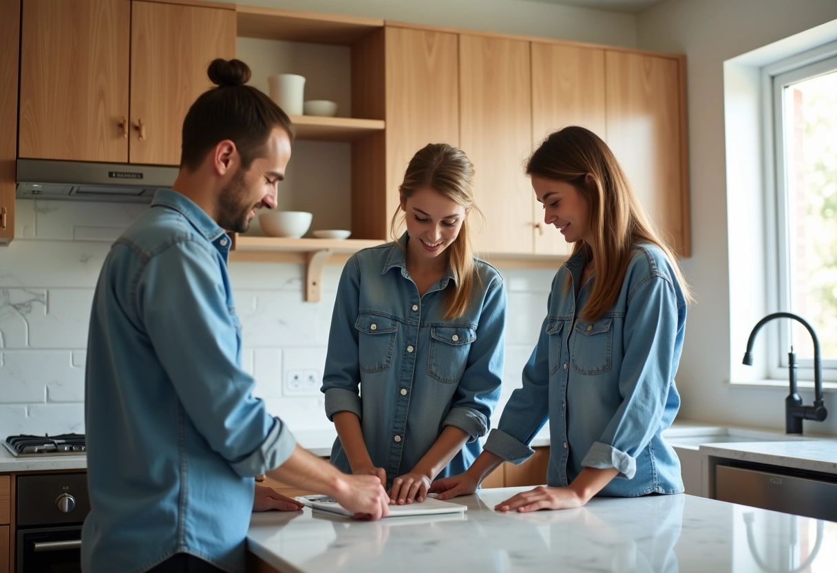 Équipe de rénovateurs installant des meubles de cuisine
