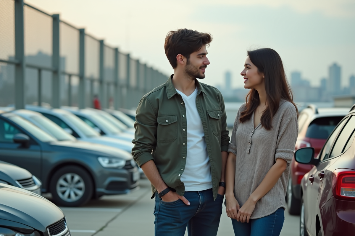 Jeune couple discutant devant une voiture d