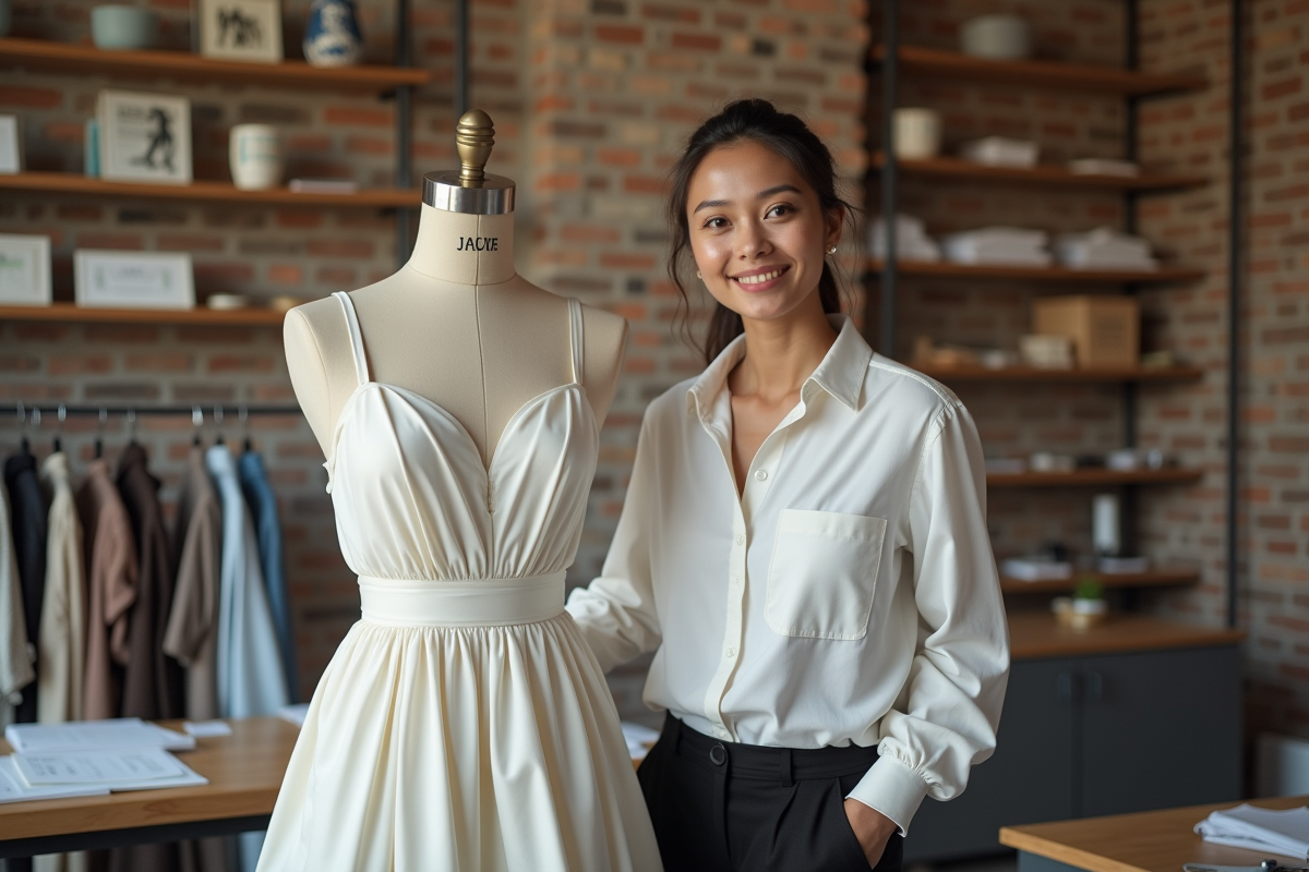 Jeune femme créant une robe de haute couture dans un studio moderne