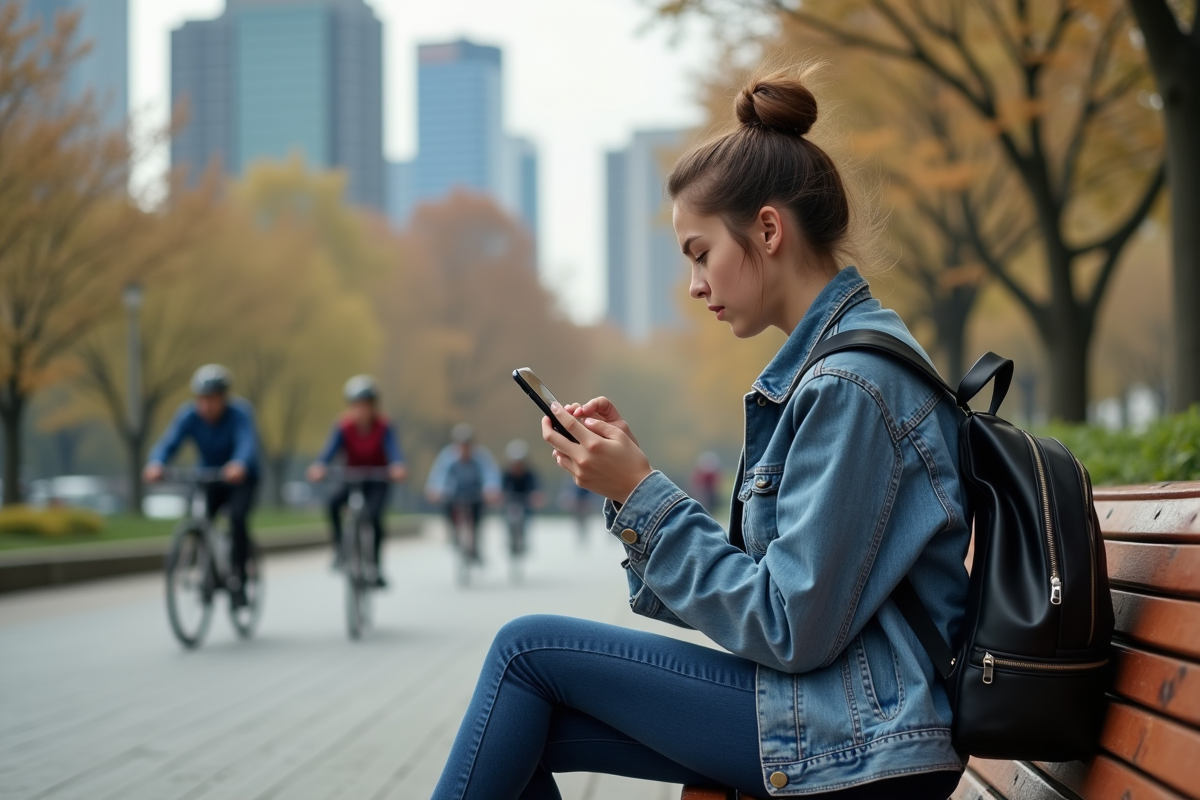 Jeune femme frustrée sans signal dans un parc urbain