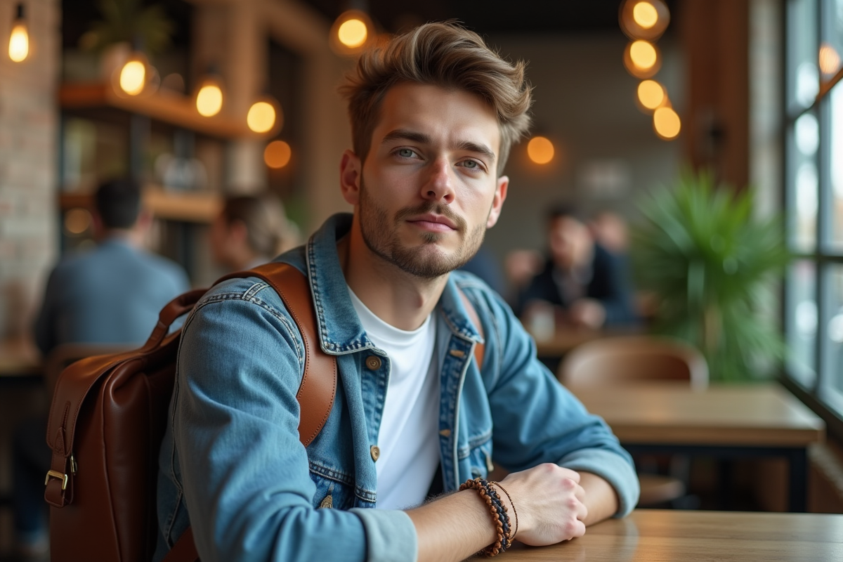 Jeune homme en denim dans un café cosy