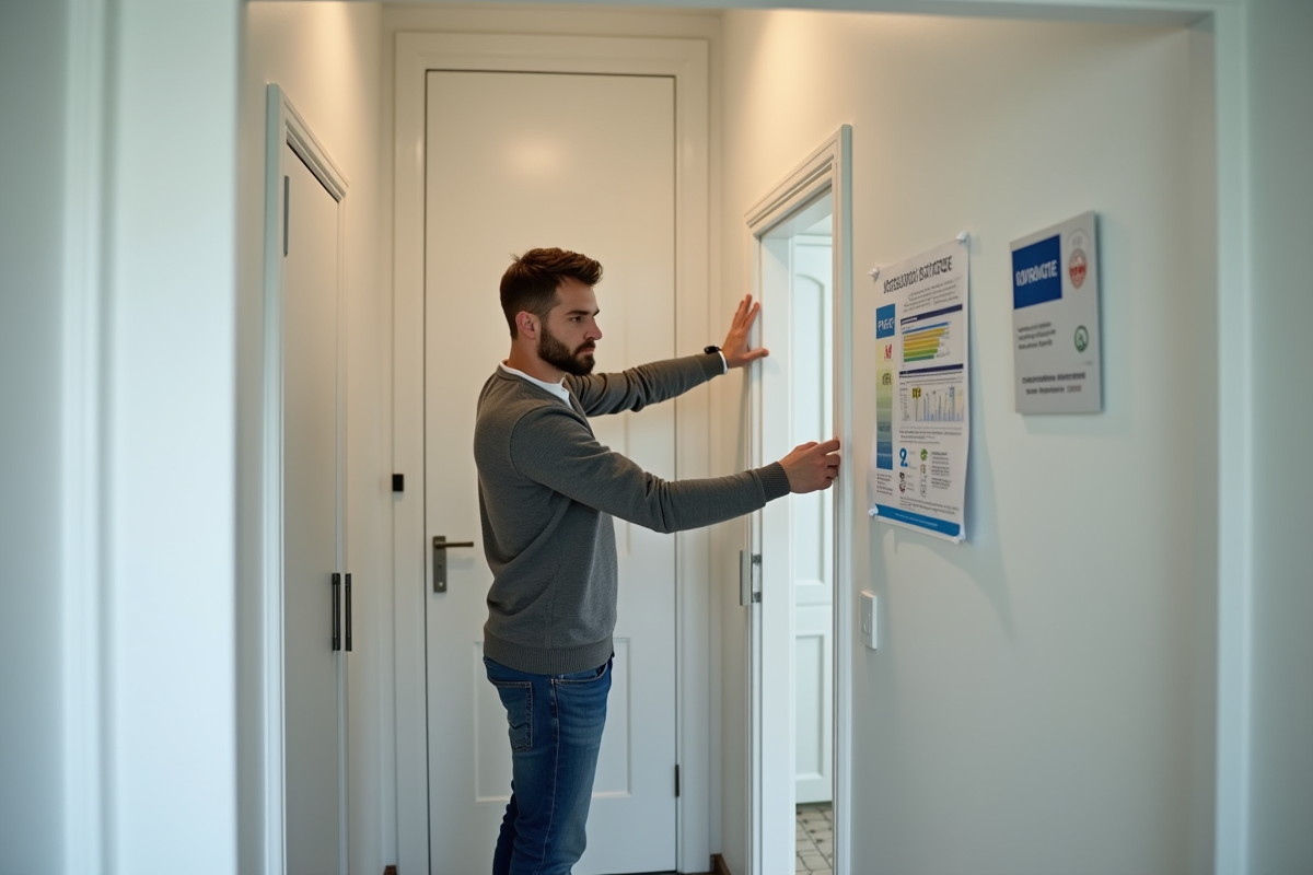 Jeune homme affichant un certificat DPE dans un couloir résidentiel