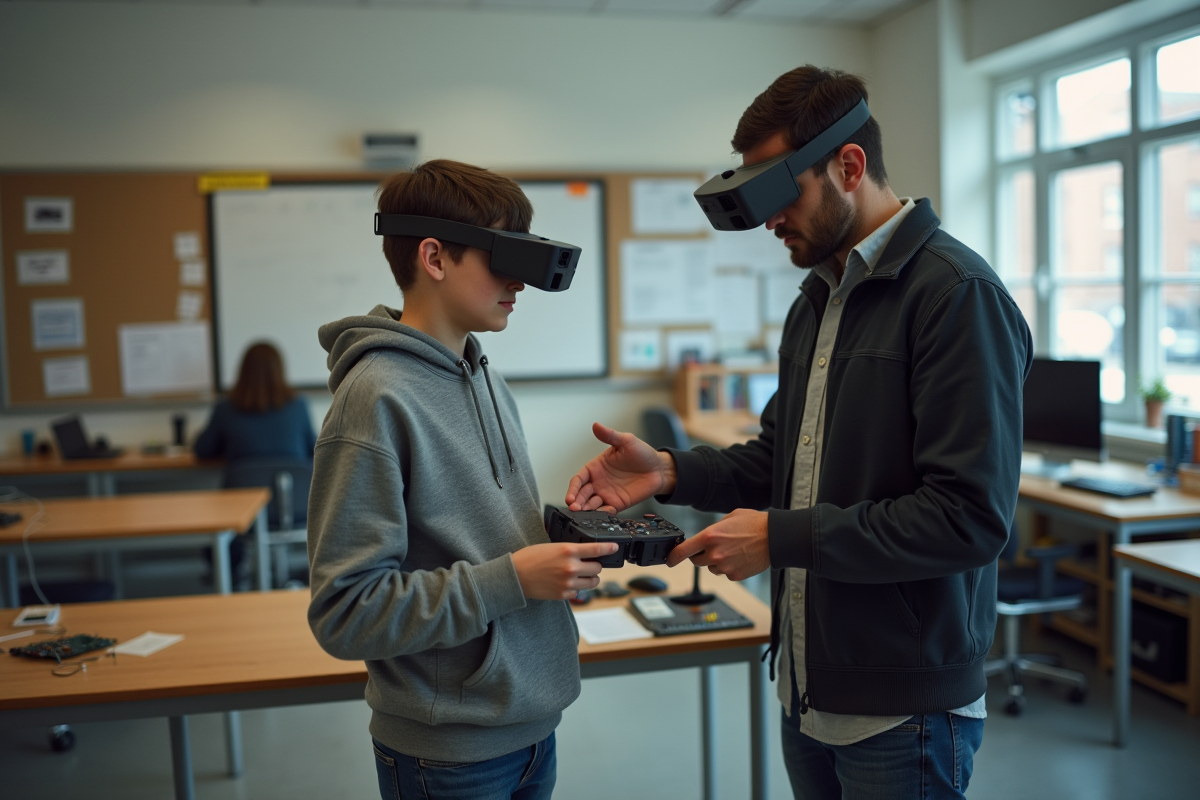 Jeune lycéen apprend à utiliser des lunettes AR avec un technicien en laboratoire