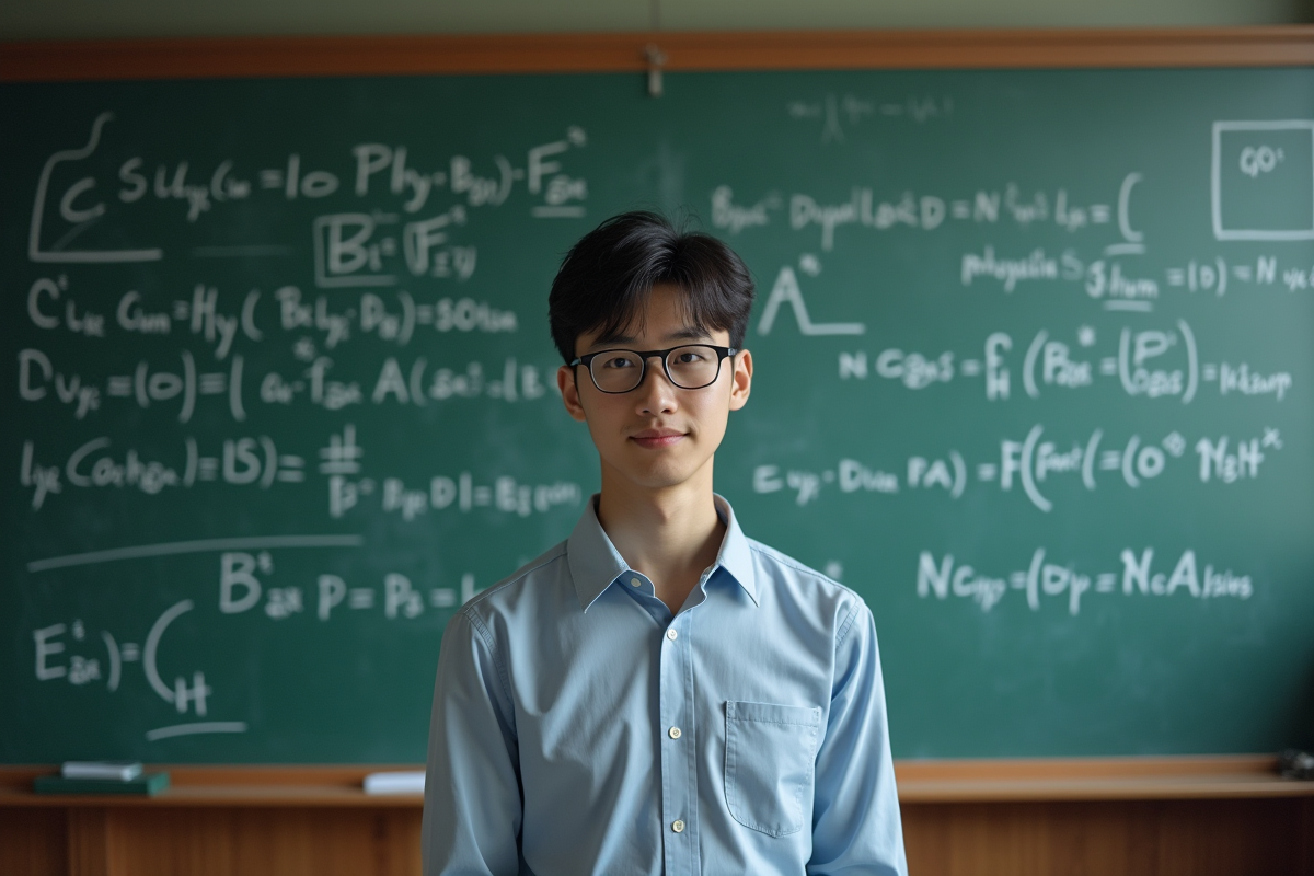 Jeune physicien devant tableau de formules quantiques en laboratoire