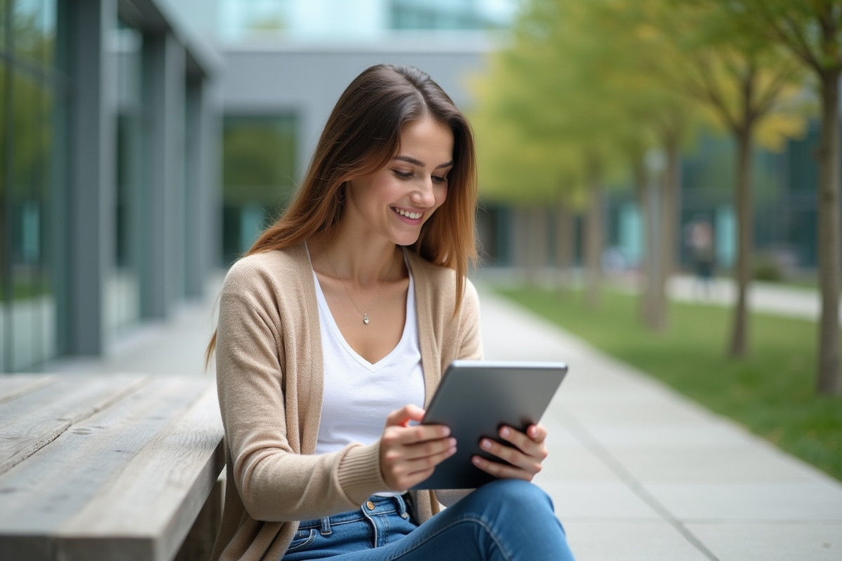 Jeune femme chercheuse utilisant une tablette en extérieur