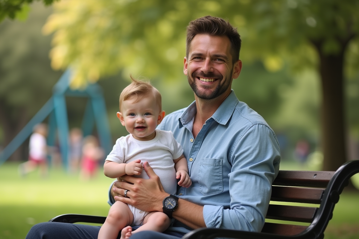 Père tenant son bébé dans un parc en plein air