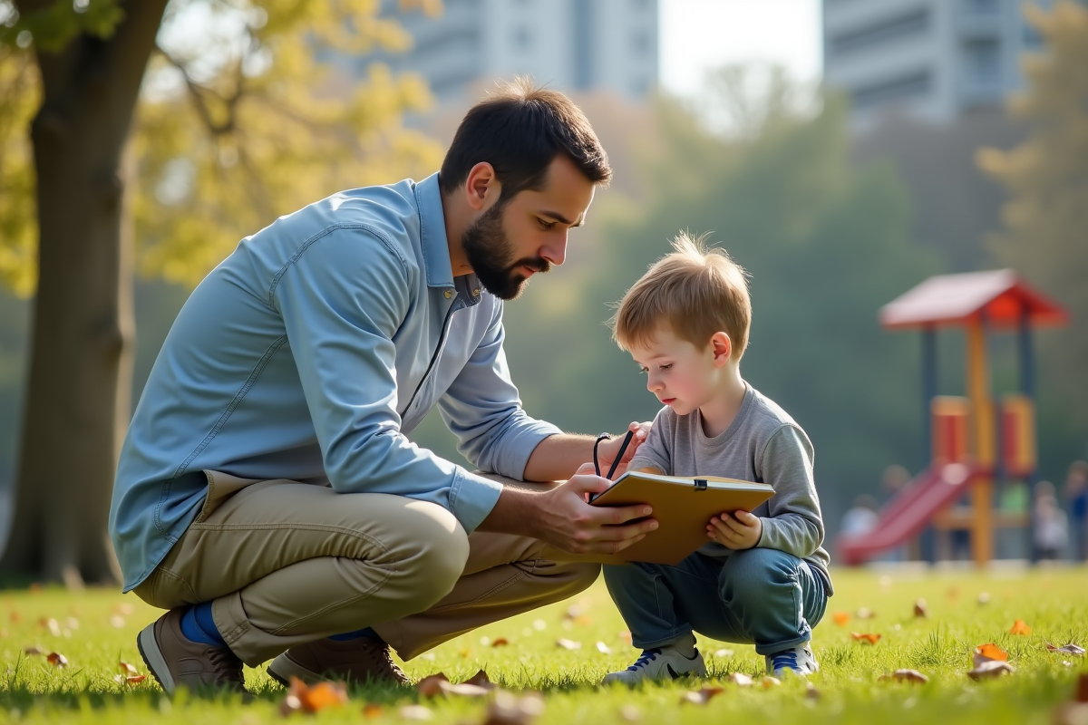 Père et fils regardant un carnet de croquis en plein air