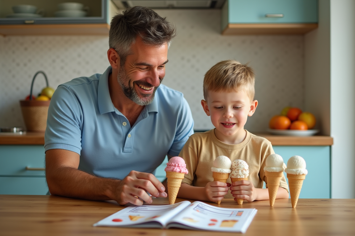 Père et fils comparant des glaces dans la cuisine