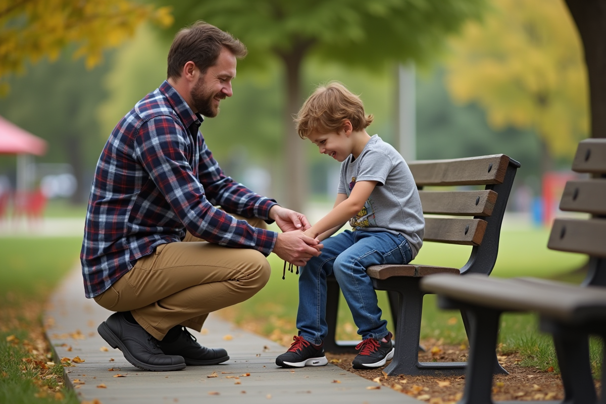Père aidant son fils à lacer ses chaussures dans un parc