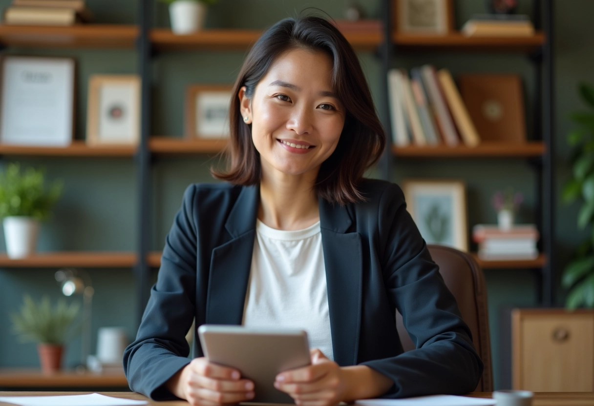 Personne non binaire souriante au bureau avec tablette