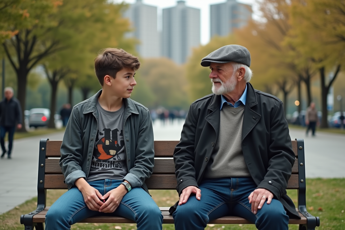 Deux hommes assis sur un banc dans un parc urbain