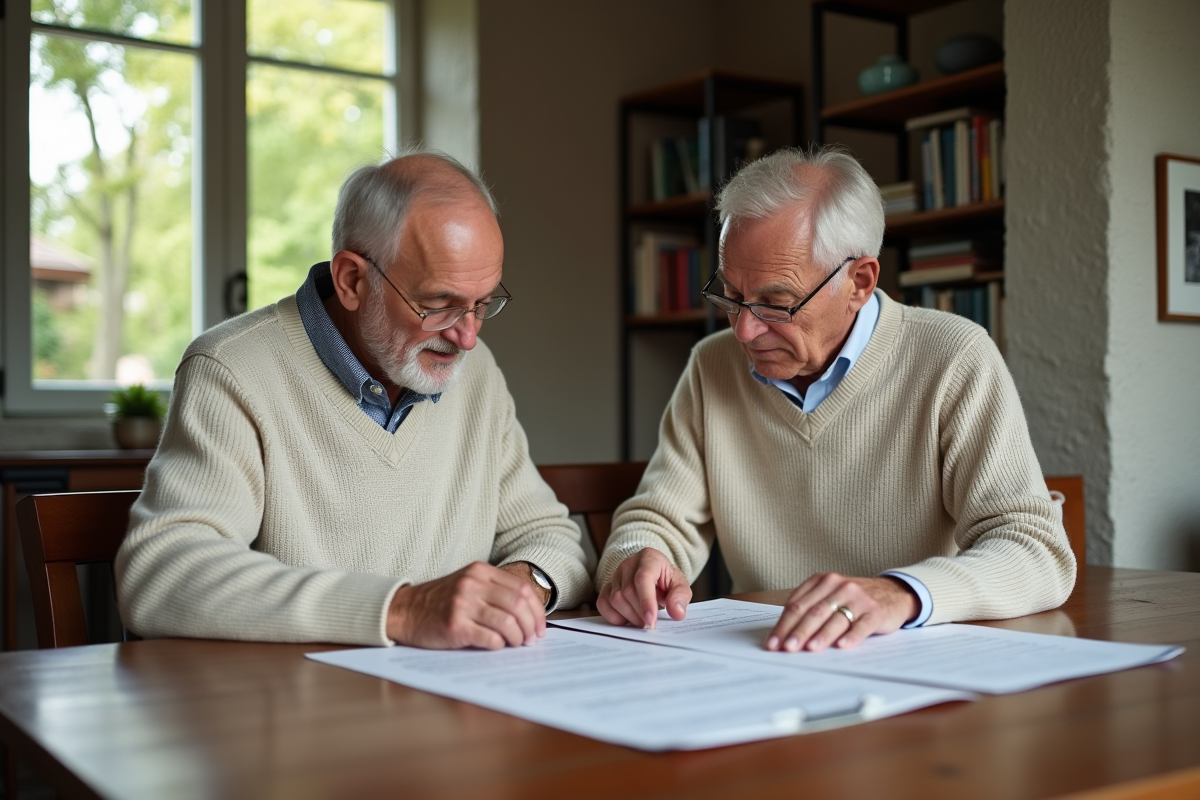 Homme âgé et son fils discutant de documents immobiliers