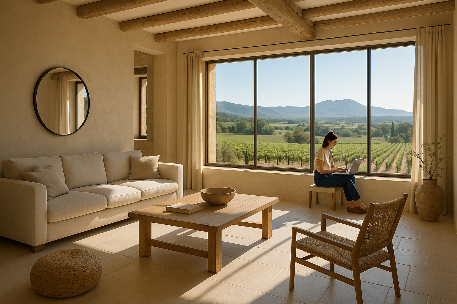 Salon lumineux avec vue sur vignobles et montagnes