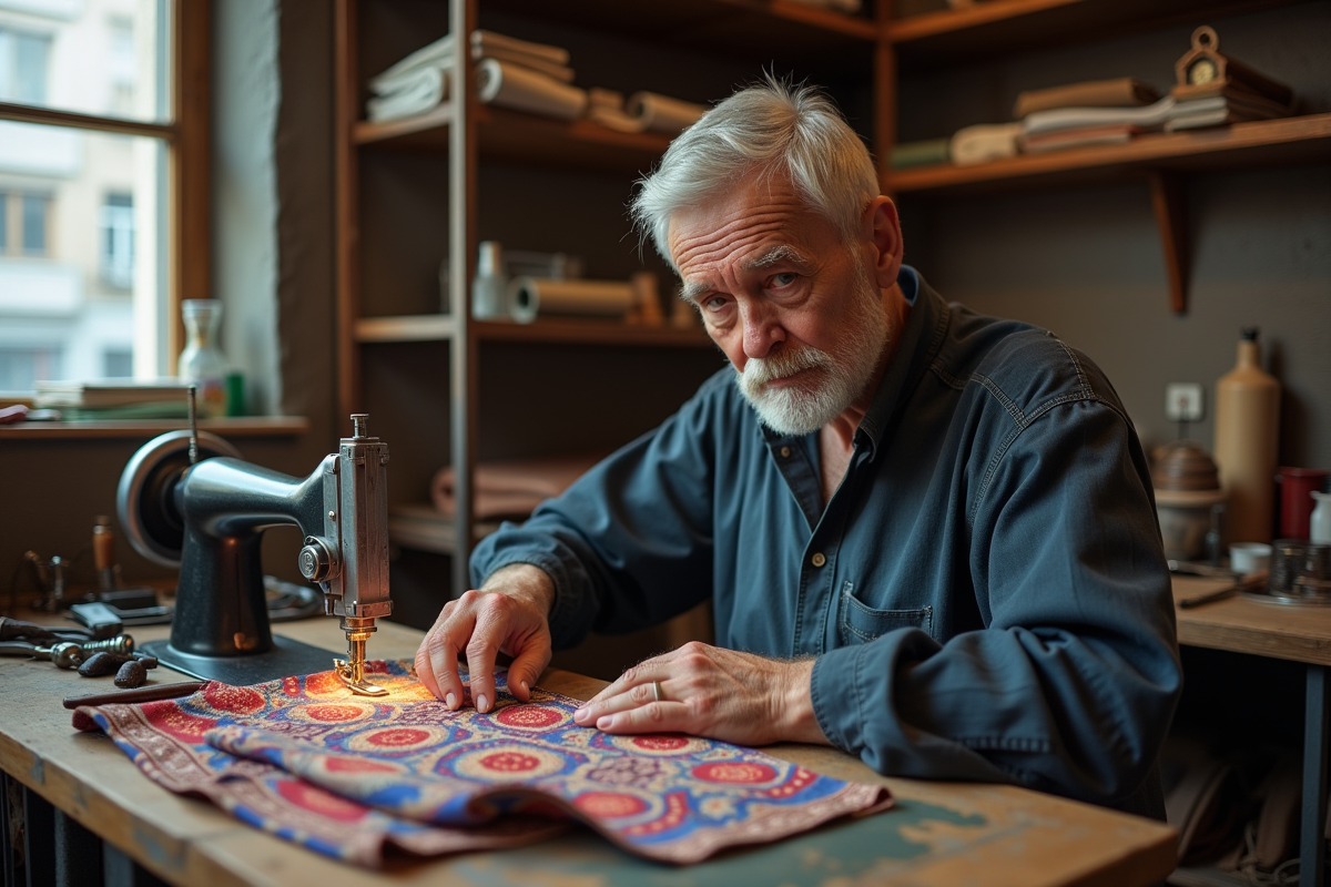 Tailleur homme cousant un tissu dans son atelier