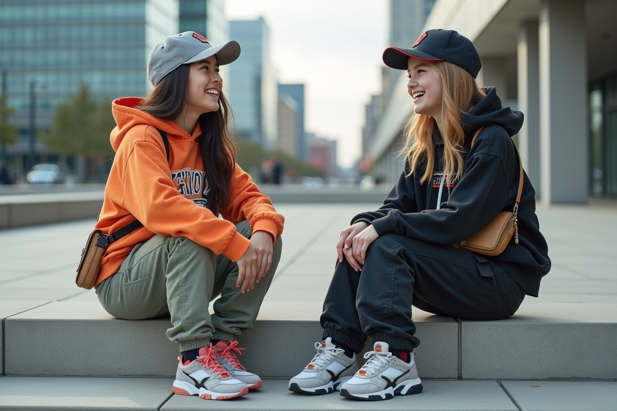 Deux adolescentes mode discutent assises en ville
