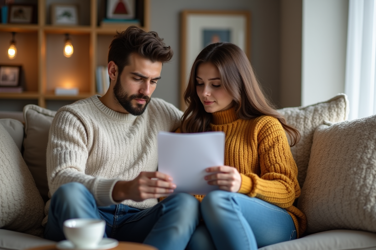 Jeune couple lisant une lettre à la maison