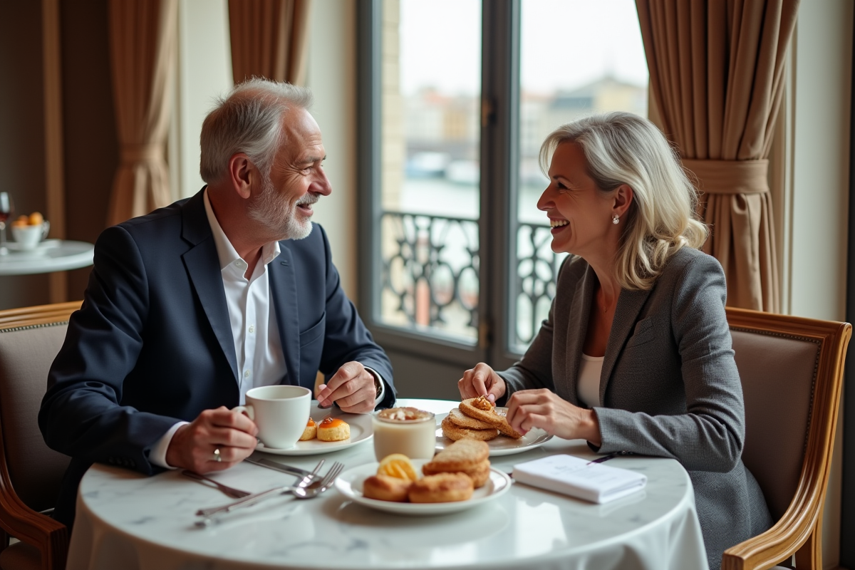Couple dégustant un petit déjeuner dans une suite luxueuse