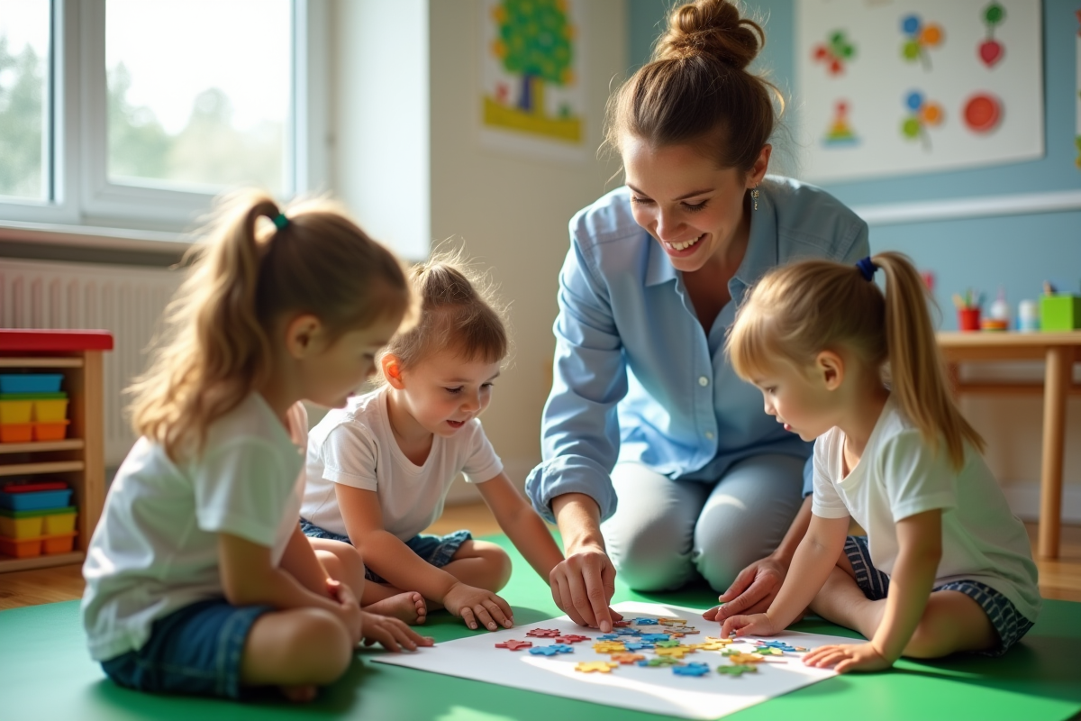 Enseignante aidant des enfants à faire un puzzle