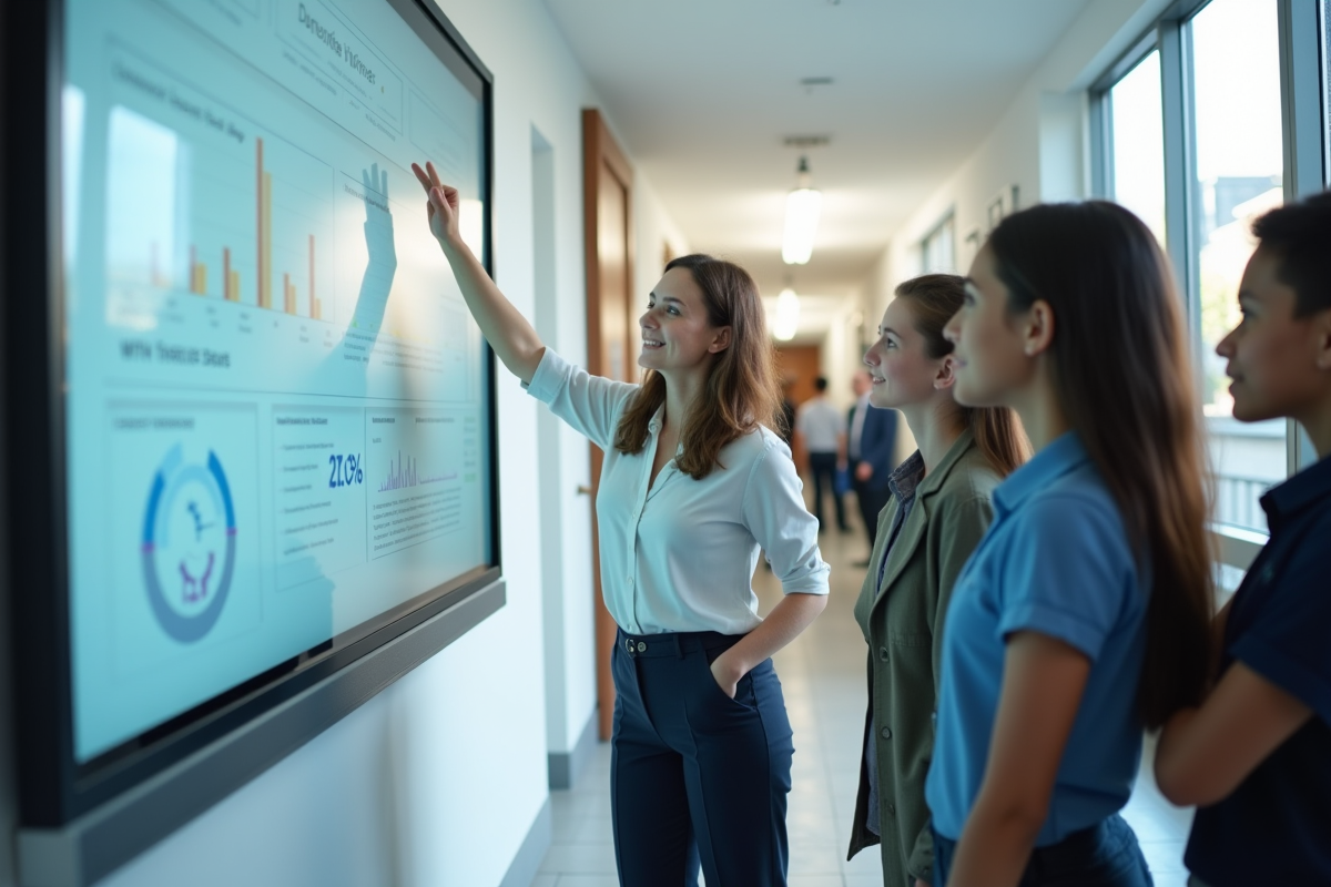 Enseignante montrant un tableau interactif avec MBN dans le couloir
