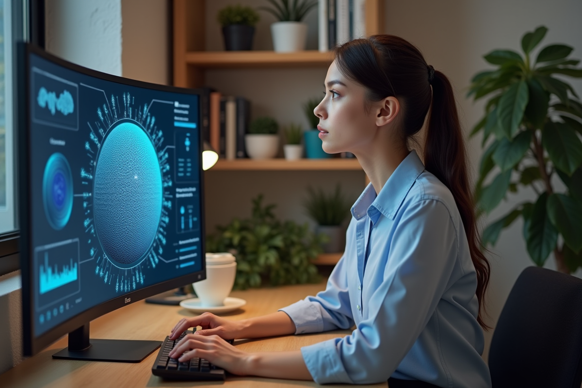 Jeune femme concentrée analysant un réseau neuronal sur son écran