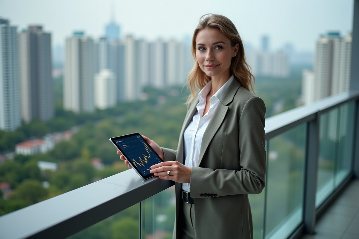Femme avec tablette sur balcon surplombant la ville