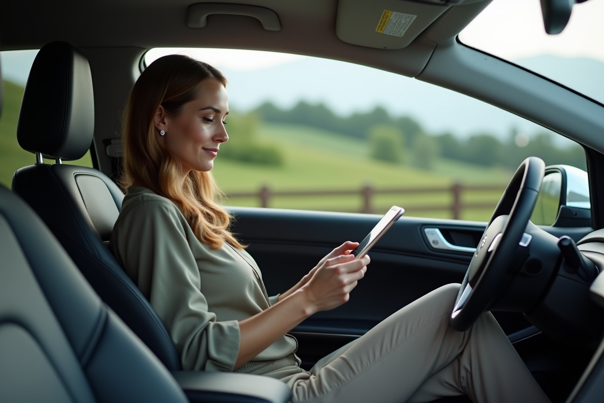 Jeune femme lisant dans une voiture hybride en campagne