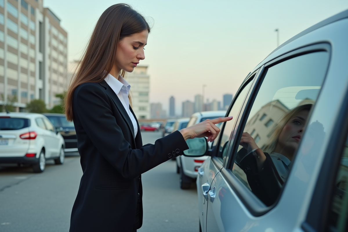 Jeune femme montrant des rayures sur une voiture endommagée