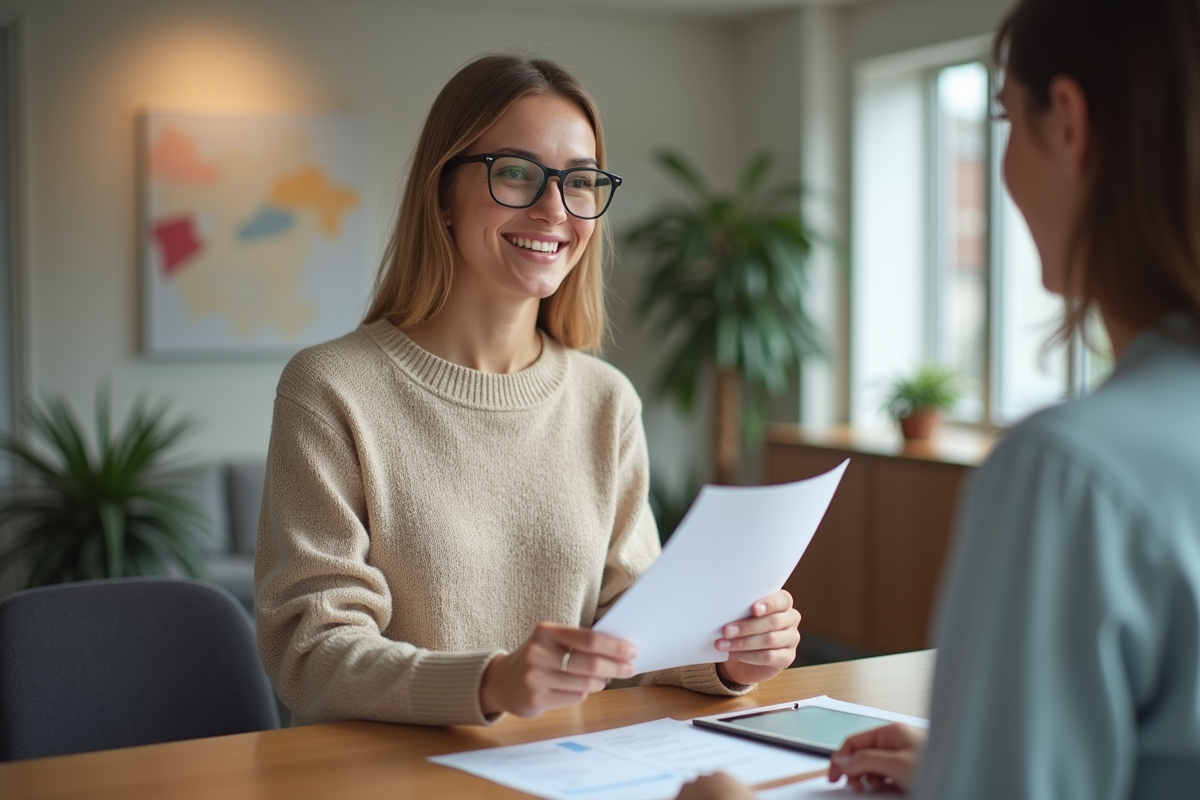 Femme souriante discutant avec un conseiller dans une banque