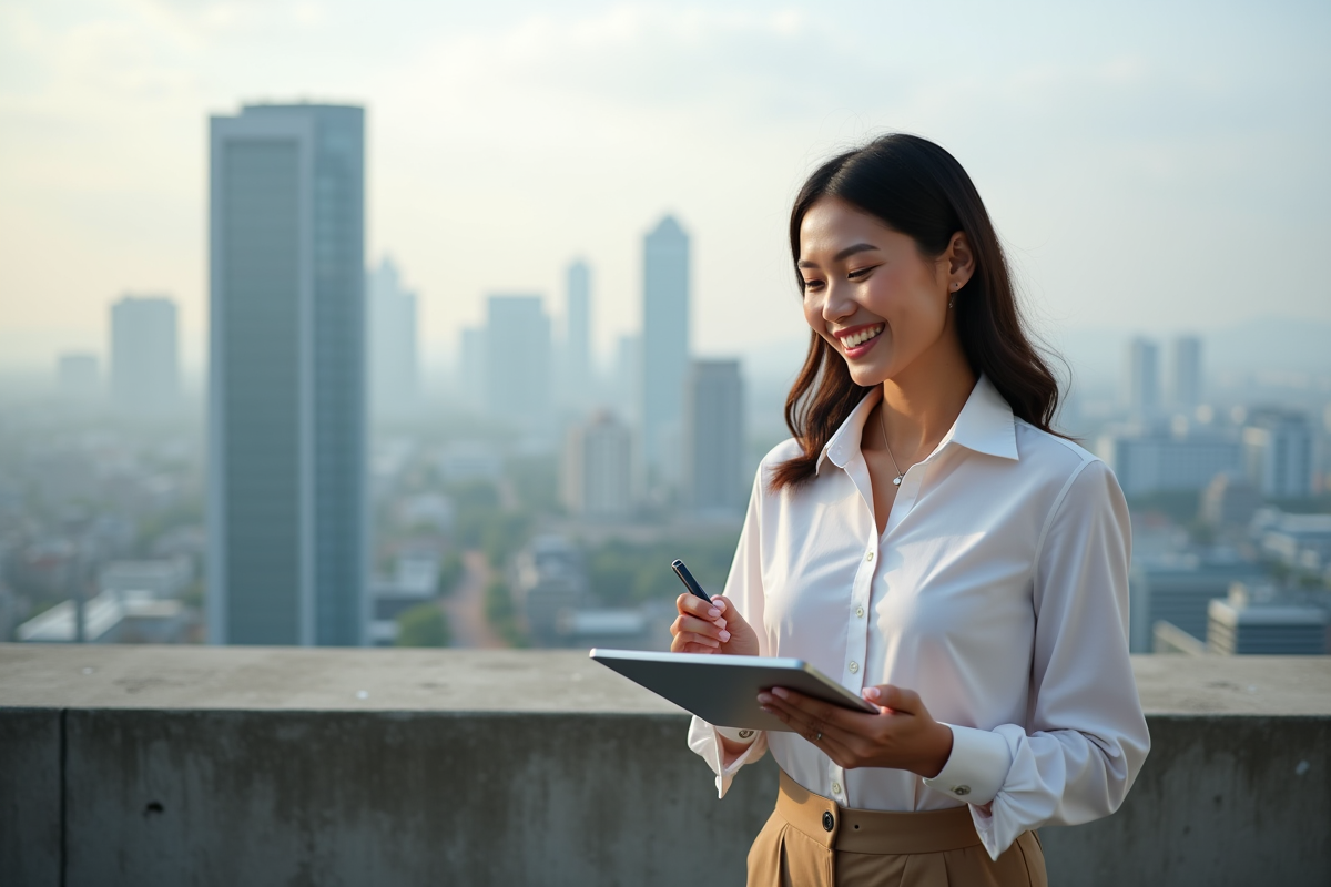 Femme souriante sur terrasse urbaine avec tablette et skyline
