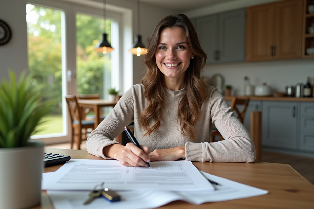 Femme souriante signant des documents immobiliers à la maison