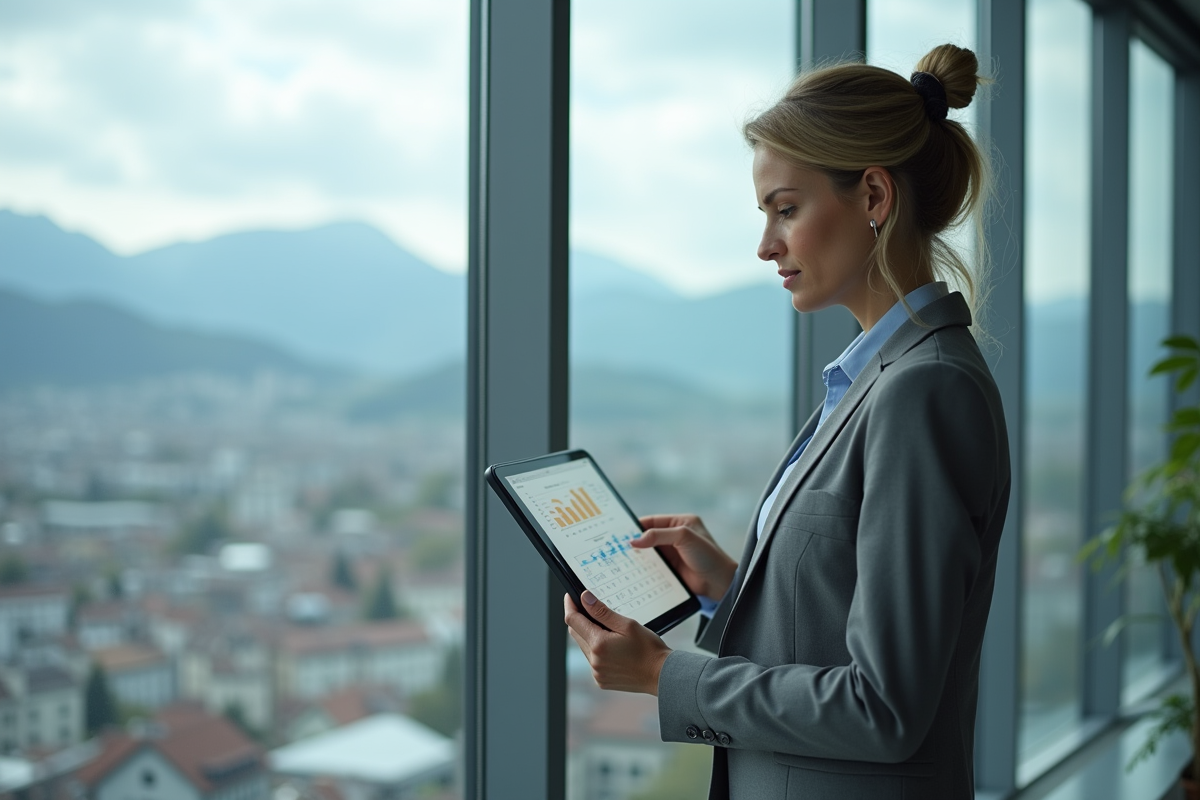Femme suisse analysant un graphique fiscal au bureau