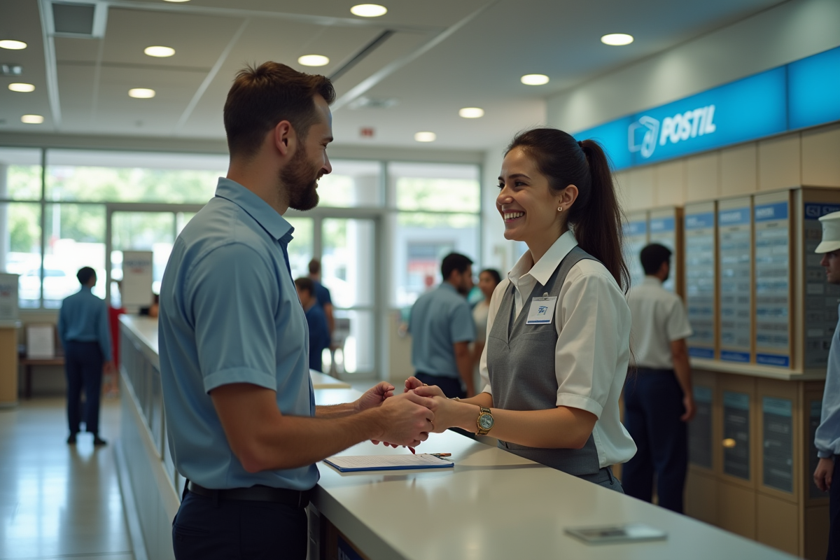 Homme remettant un document à un agent postal dans un bureau de poste