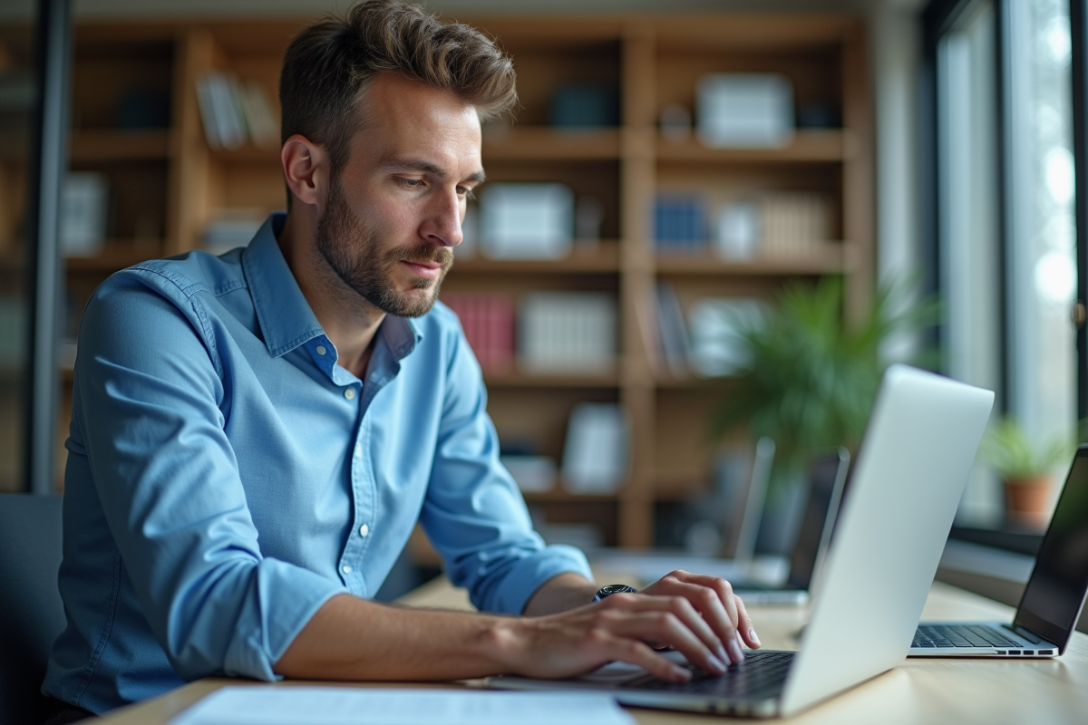 Homme en chemise bleue étudie un portefeuille numérique au bureau