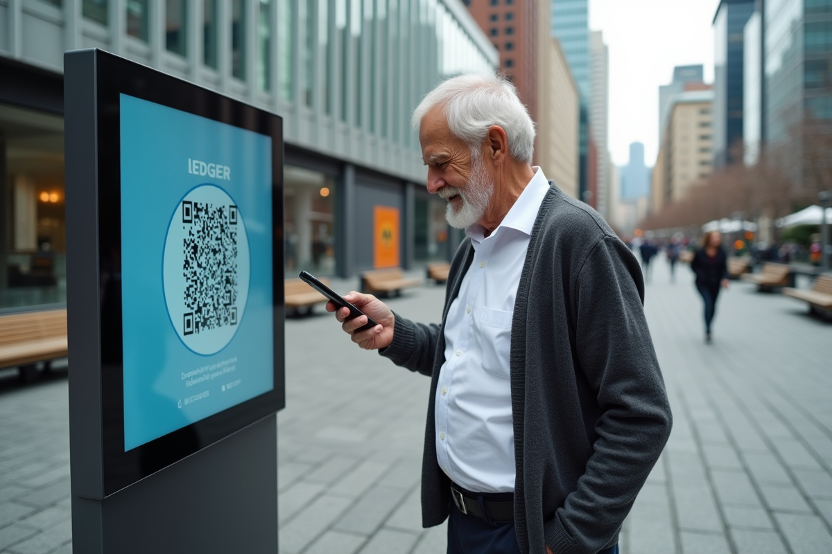 Homme âgé scanne un QR code devant un affichage digital en ville