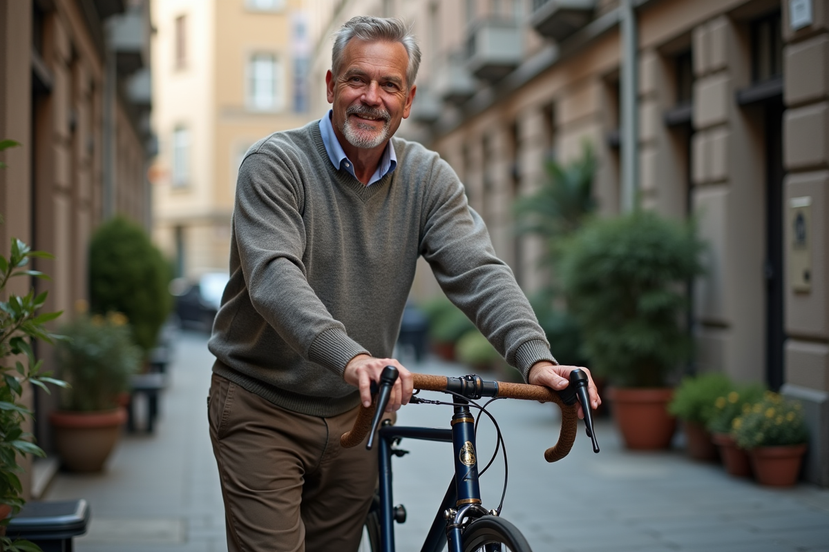 Homme répare une bicyclette dans une cour urbaine calme