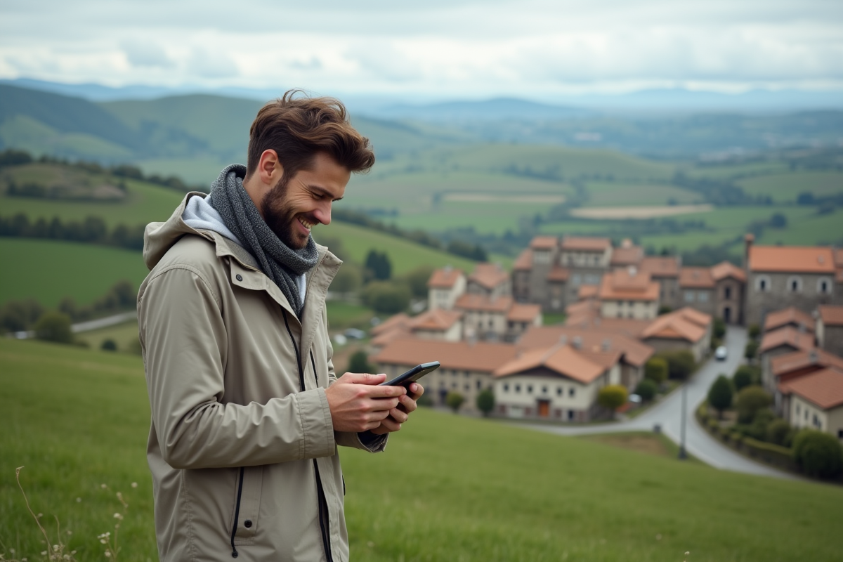 Jeune homme regarde un village rural depuis la colline